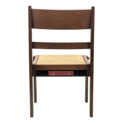 Ladder back rush seat with under-seat book rack, rear view
